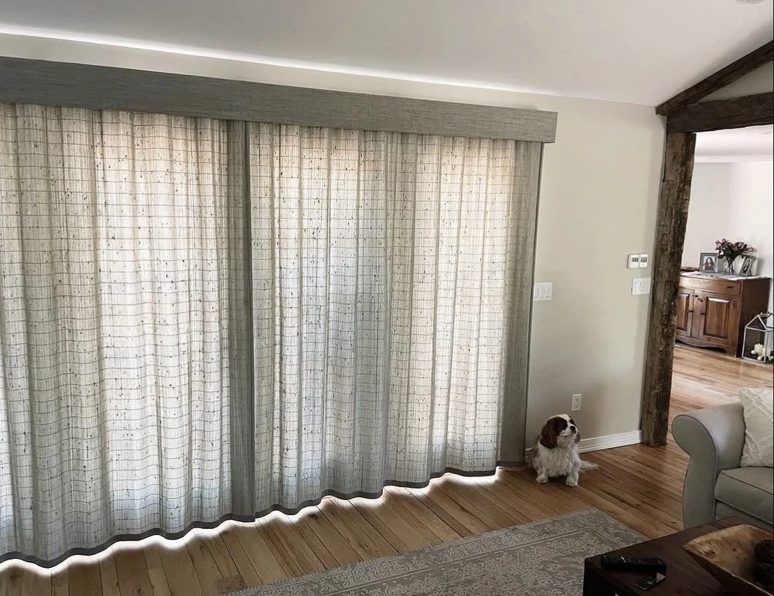 A living room with a set of closed curtains covering a large window or sliding door, a small dog sitting on the wooden floor near the wall, a couch on the right, and a glimpse of a hallway with a wooden sideboard in the background.
