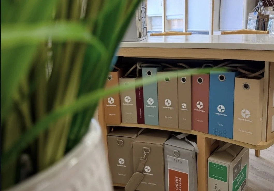 Shelf filled with binders in a store or office environment, with some boxes on the floor and a blurred plant in the foreground.