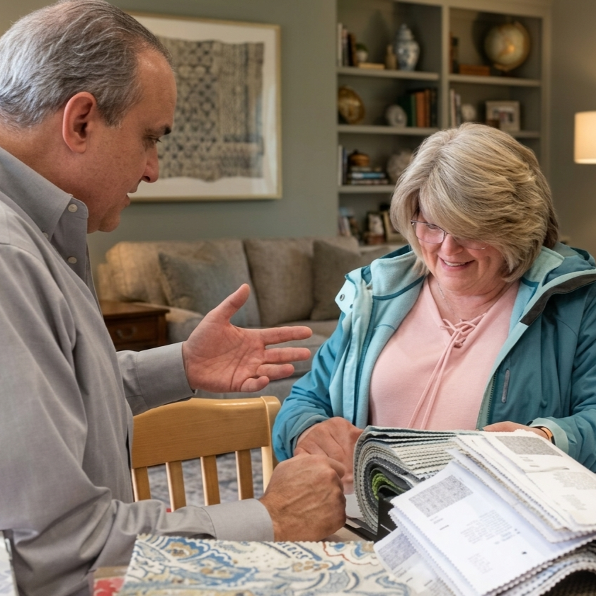 A man and woman are discussing fabric samples and color swatches at a table in a living room.