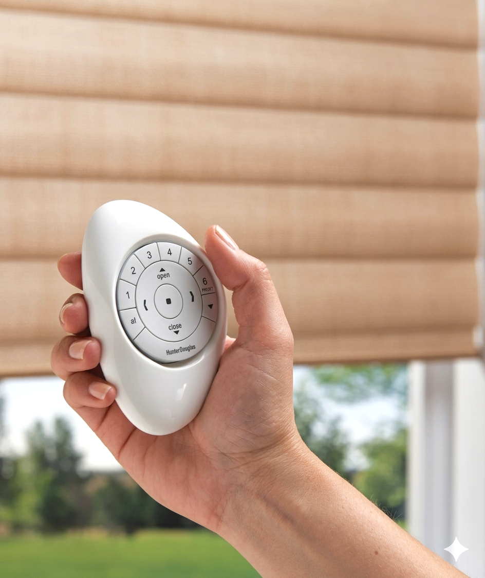 A person's hand holding a white remote control with circular buttons, with a beige window blind in the background and some green trees outside.