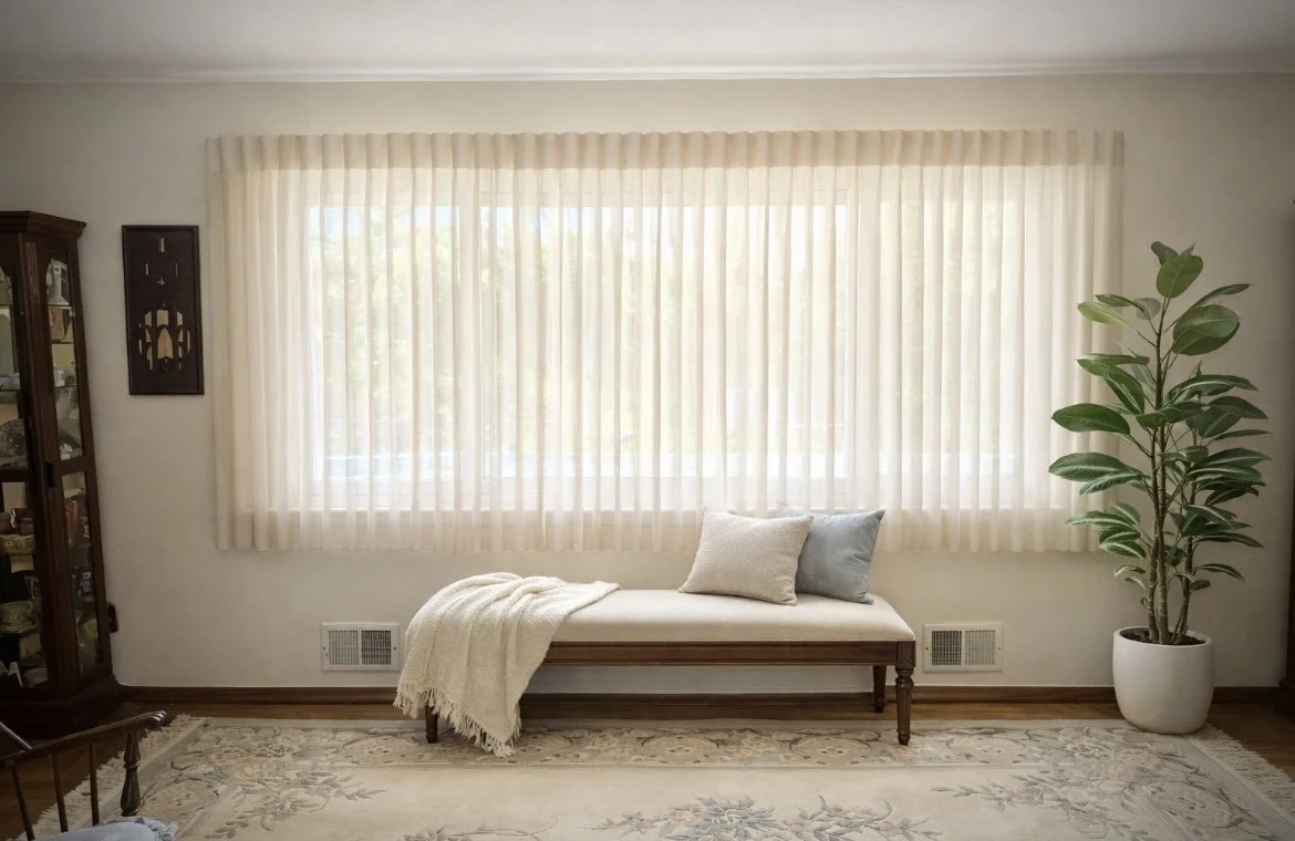 Living room with large window covered by sheer cream curtains, a wooden bench with two pillows and a throw blanket, a potted plant on the right, a wooden display cabinet on the left, and a decorative area rug on the floor.