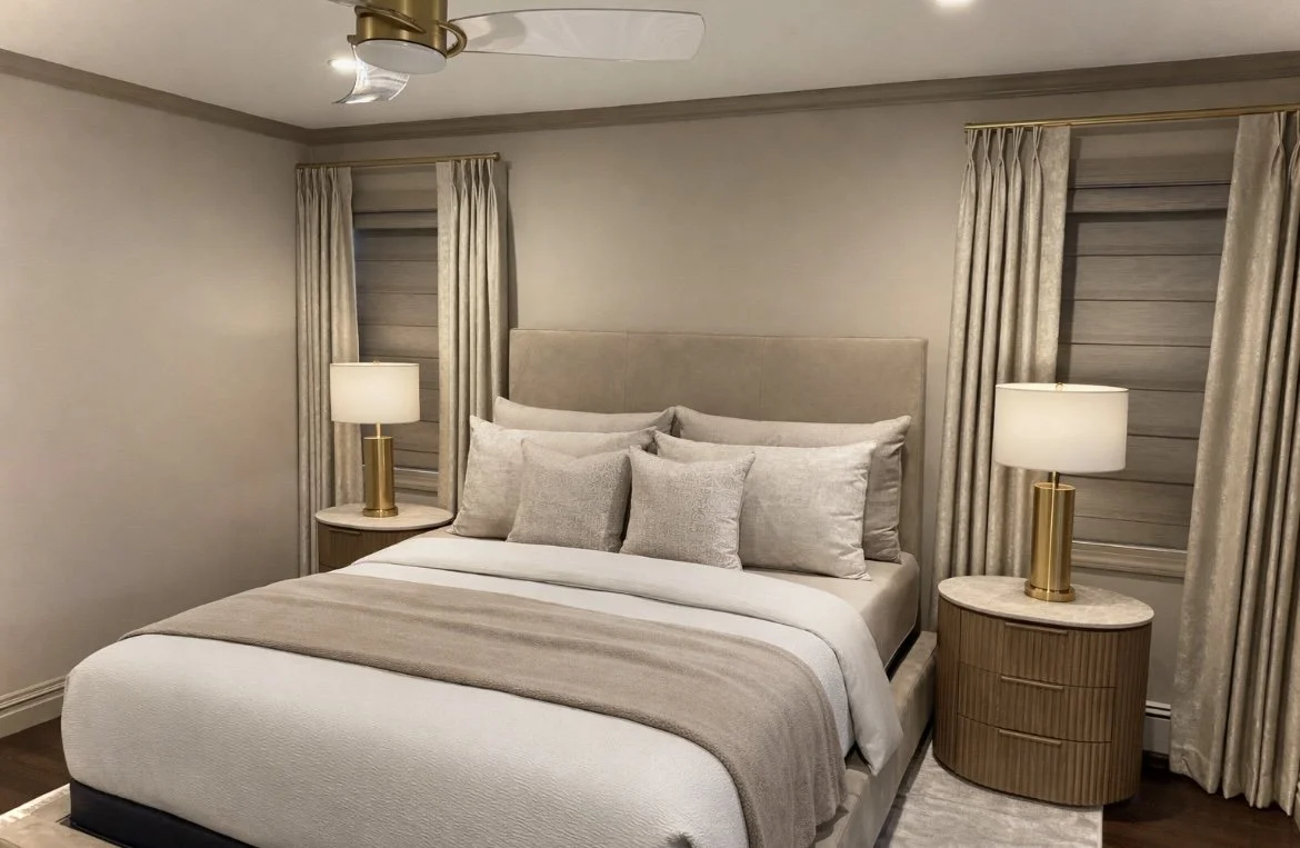Custom taupe pleated drapes and matching Roman shades with brass hardware in a sophisticated neutral bedroom.