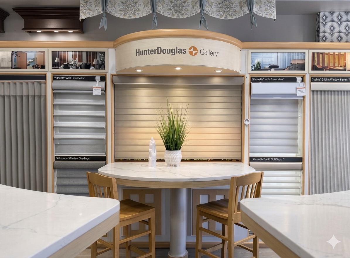Display booth for Hunter Douglas window treatments, featuring sample blinds and shades, a small table with a potted plant, and wooden chairs.