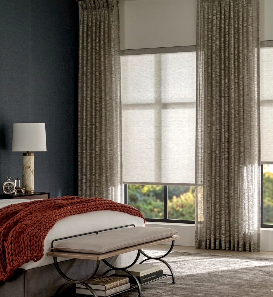 Custom drapery panels for a bedroom in Long Island home.