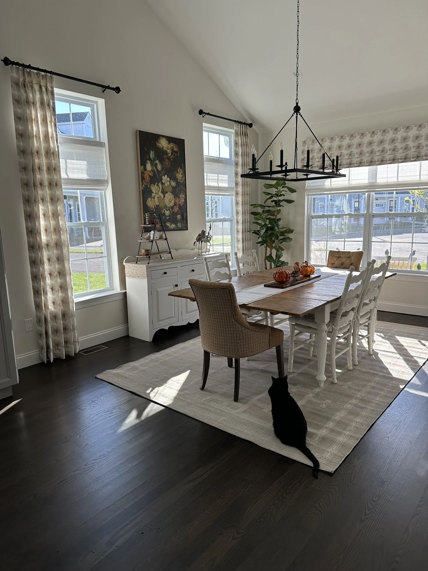 A dining room with a wooden table, white chairs, a wooden armchair, and a black cat sitting on a cream-colored rug. The room has large windows with curtains, a white sideboard, and a green plant. A black chandelier hangs from the ceiling, and sunlight streams in through the windows.