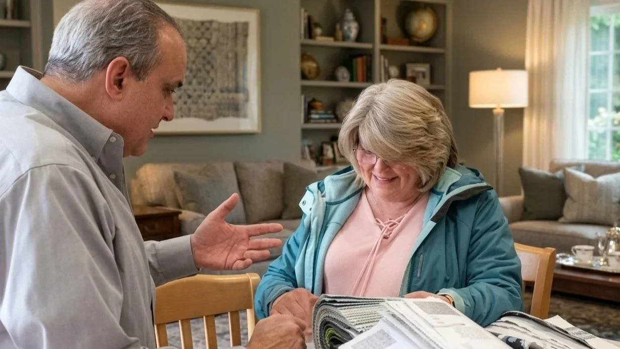 An older man and woman having a pleasant conversation at a wooden table in a cozy living room. The woman is holding some papers or magazines, and both appear to be smiling and engaged.