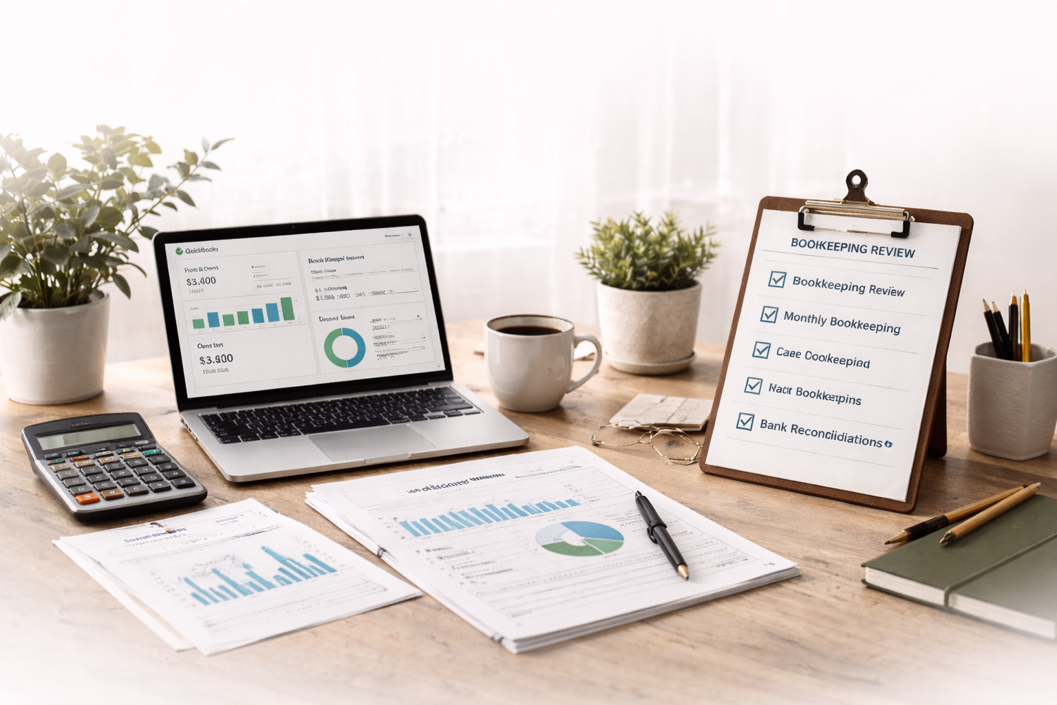 Desk with Computer showing QuickBooks Online and a clipboard with bookkeeping information.