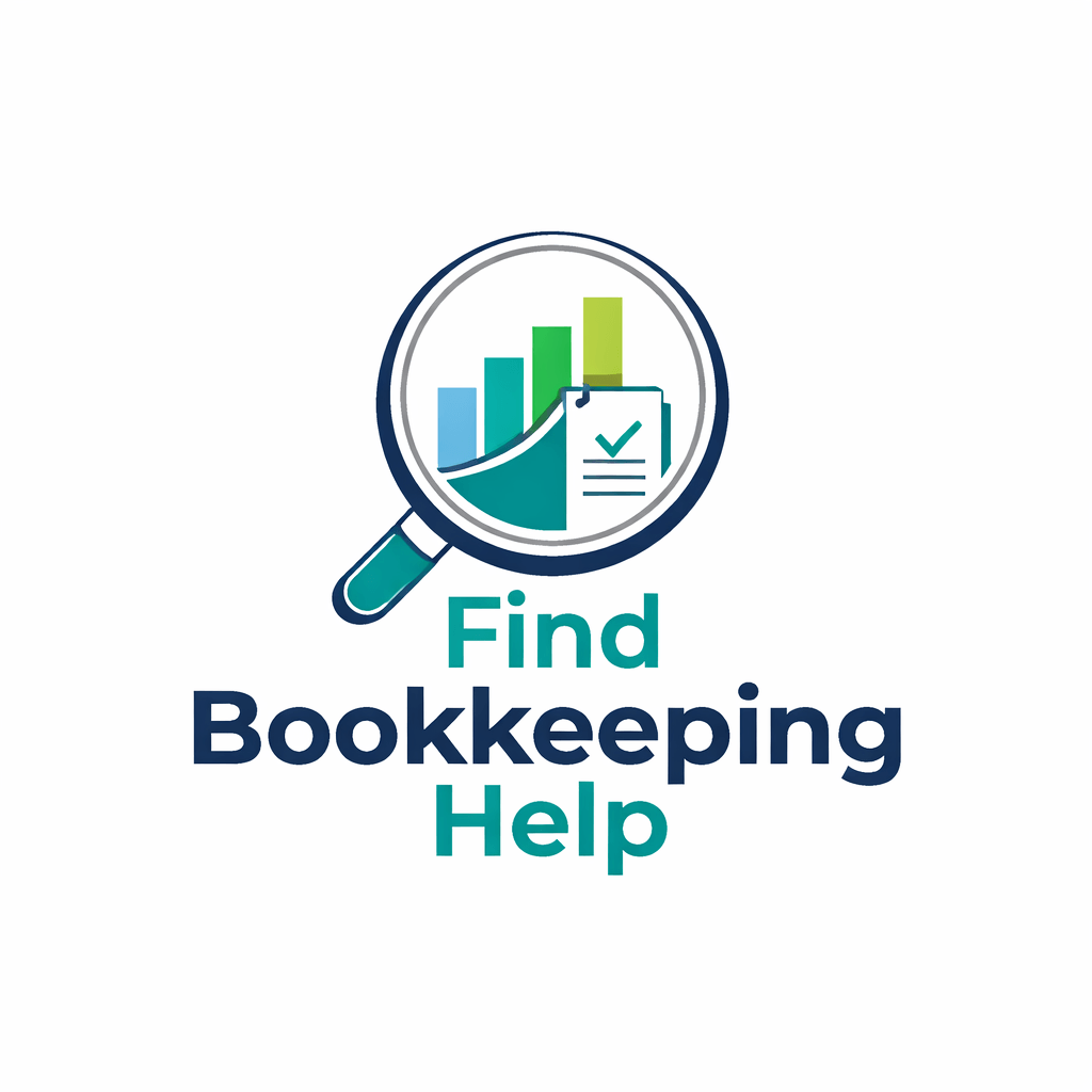 Logo with a magnifying glass showing a rising bar graph and a checklist, with the text "Find Bookkeeping Help".
