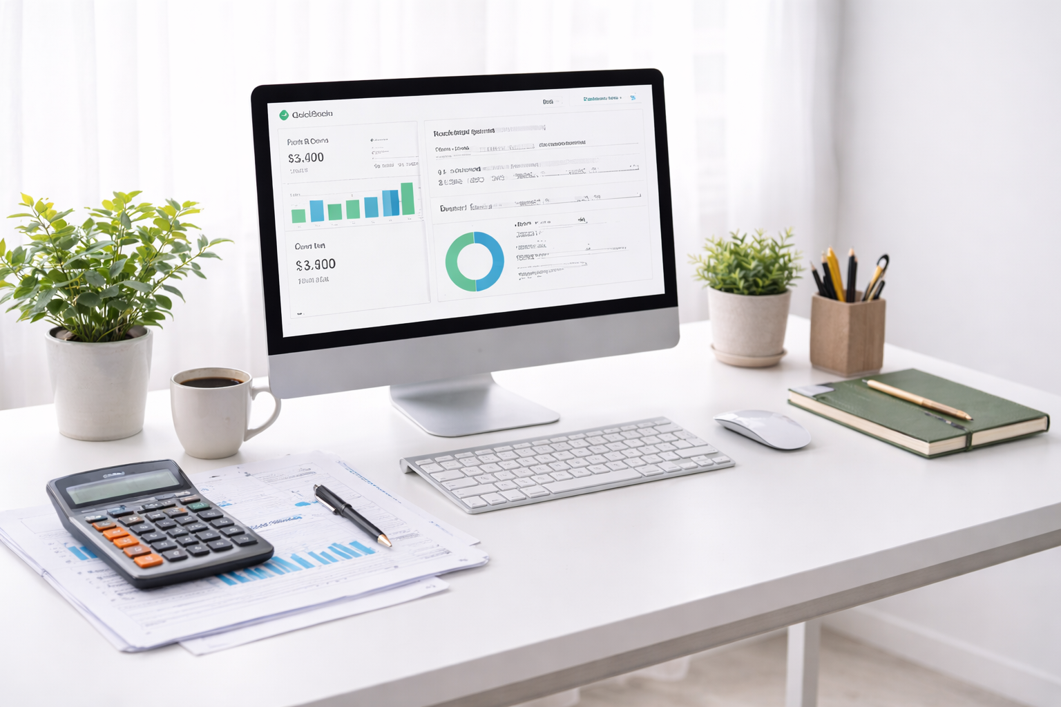 Office desk with computer monitor showing QuickBooks Online and bookkeeping, calculator, cup of coffee, notebooks, pens, and potted plants, in a bright room with white curtains.