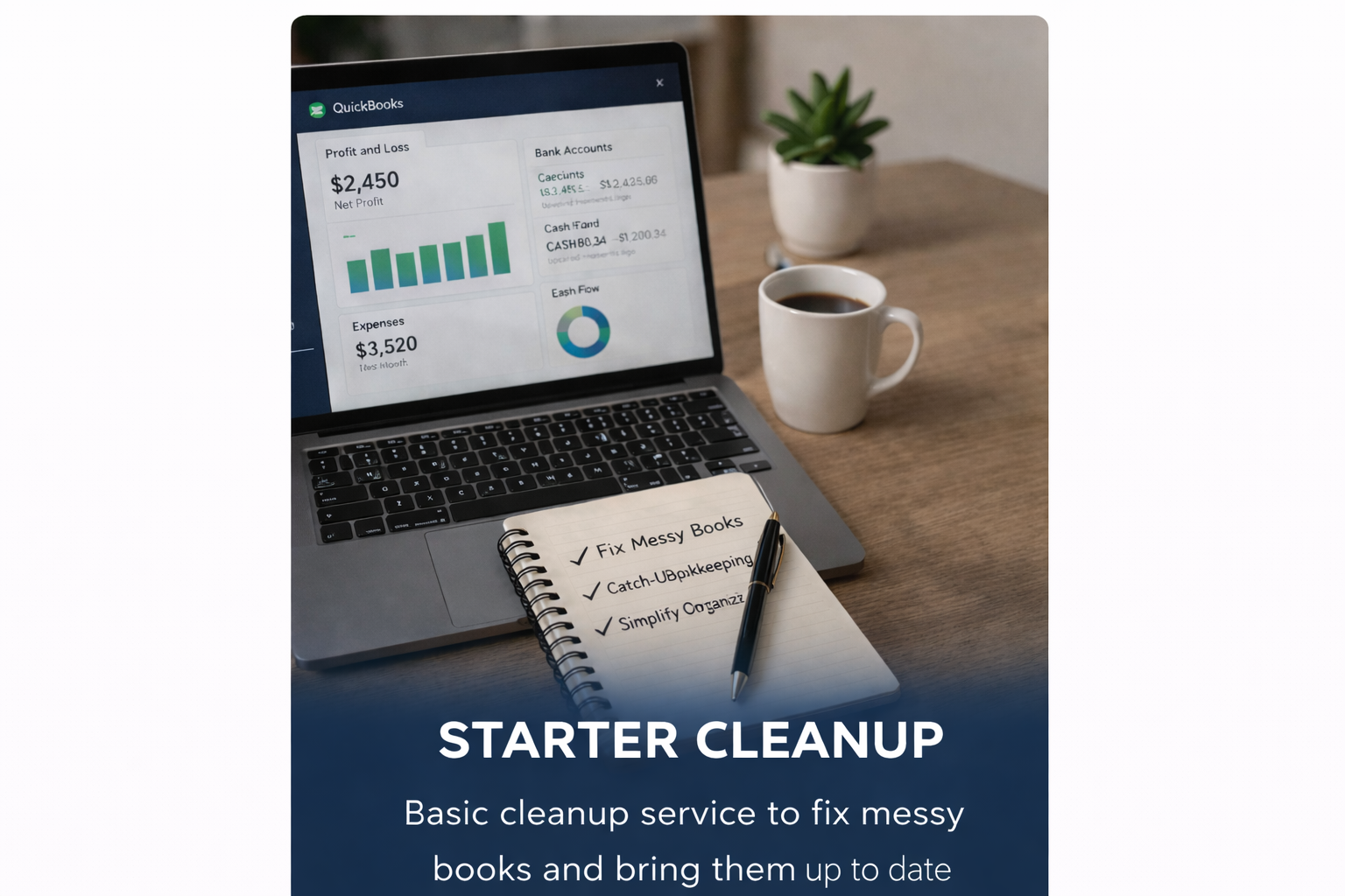 A computer screen displaying a quickbooks financial dashboard with profit, expenses, and bank account info. A notebook with checkmarks for tasks like fixing messy books, catch-up bookkeeping, and simplifying organization is on the desk. A pen lies on the notebook. To the right, there's a white coffee mug filled with coffee, and a small potted green succulent plant in a white pot. Text overlay reads "STARTER CLEANUP" and "Basic cleanup service to fix messy books and bring them up to date."