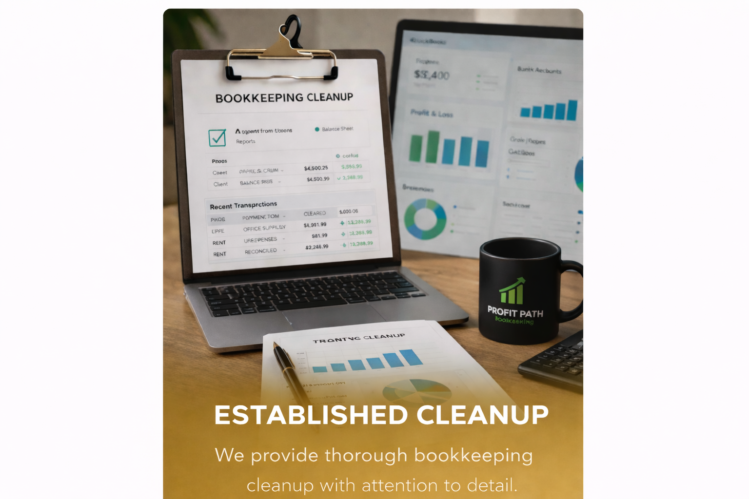 Desk with a laptop displaying bookkeeping data, printed financial documents, a black mug with the 'Profit Path Bookkeeping' logo, and a calculator. Text overlay reads "Established Cleanup" and "We provide thorough bookkeeping cleanup with attention to detail."