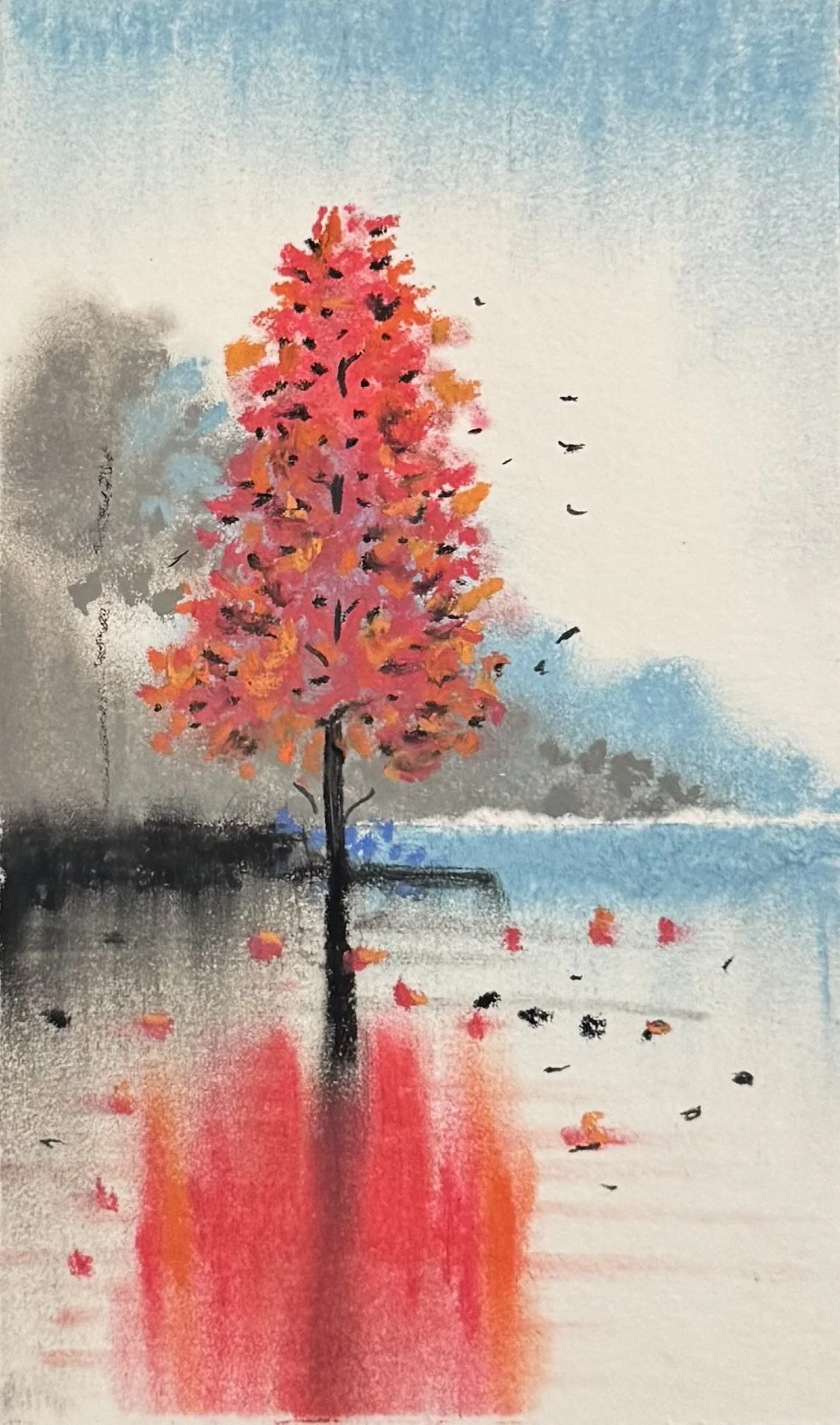 Red Tree, Gray Sky. One red tree refusing to apologize for its color. The sky is gray. The water reflects every petal that has fallen. The tree blooms anyway.