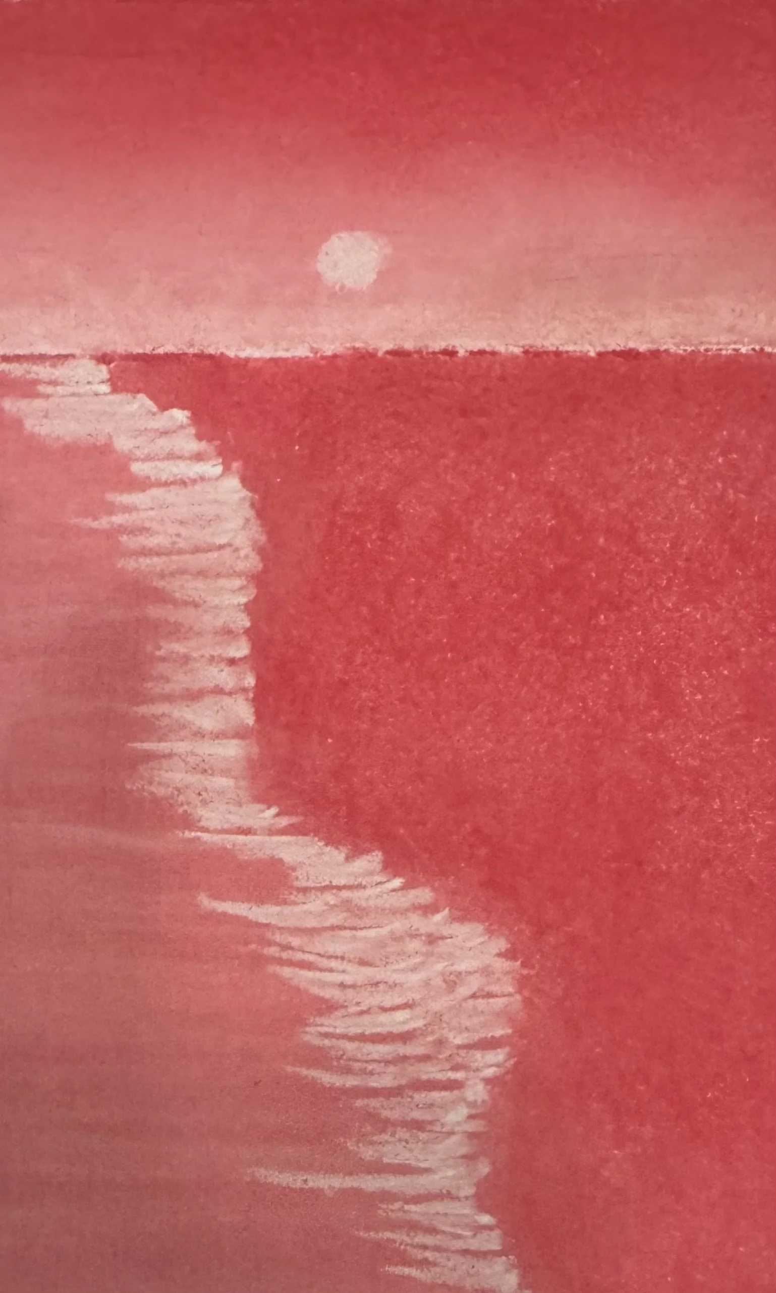 Red Cliff with White Moon. A red wall and a small white moon. The minimum the sky needs to give to count as beautiful. It gives more anyway.
