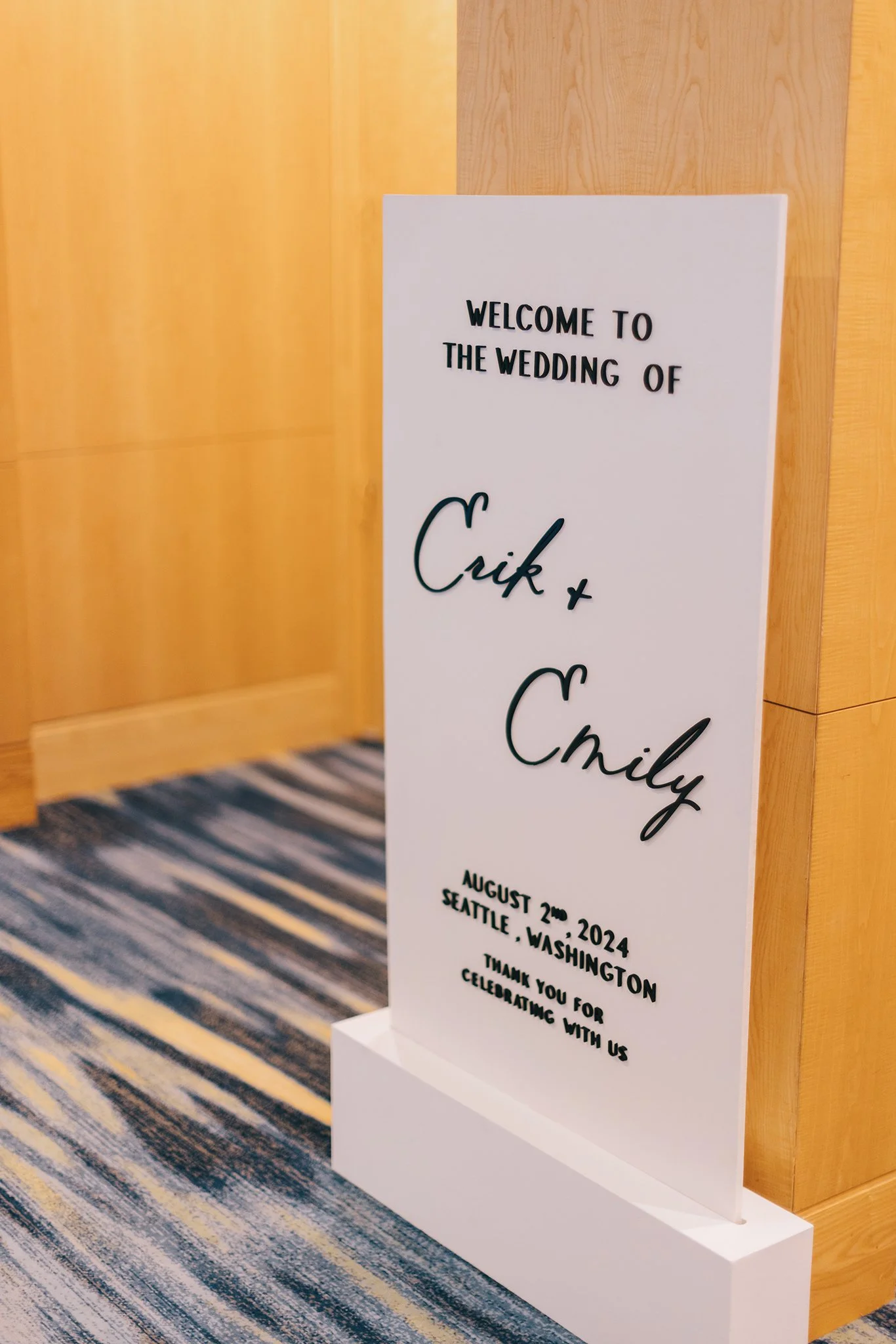 Wedding welcome sign for Crik and Crily at a hotel, with event details of August 2nd, 2024, in Seattle, Washington.