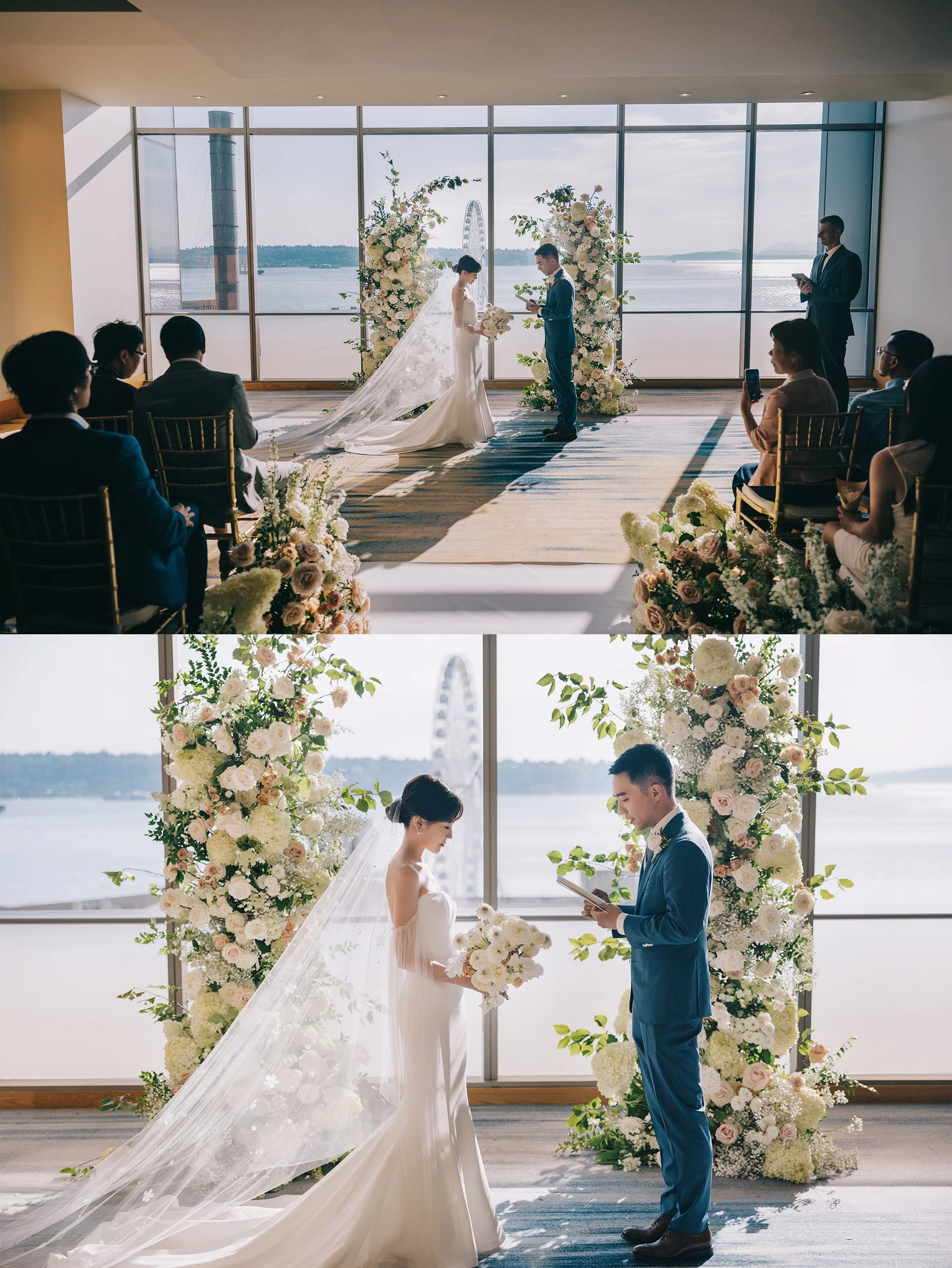 Bride and groom exchanging vows at a wedding ceremony with floral decorations and large windows overlooking a water view.