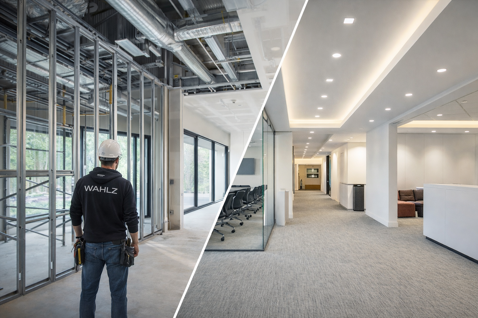A split image showing an under-construction building on the left and a finished office interior on the right.