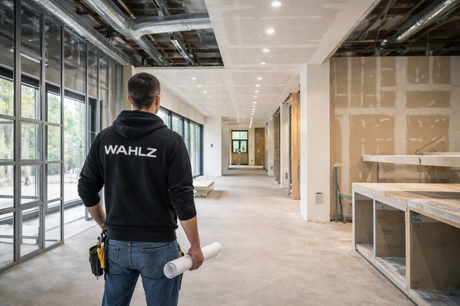 Construction worker wearing a black hoodie with the word 'WAHLZ' on the back, holding blueprints, standing inside an unfinished building with exposed pipes and unpainted walls.