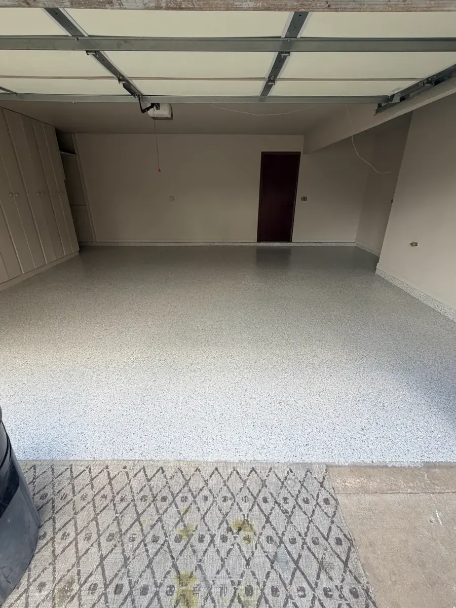 Empty residential garage with exposed ceiling, white walls, closet cabinets on the left, and a brown door in the back wall, with a textured concrete floor and partially visible patterned rug in the foreground.