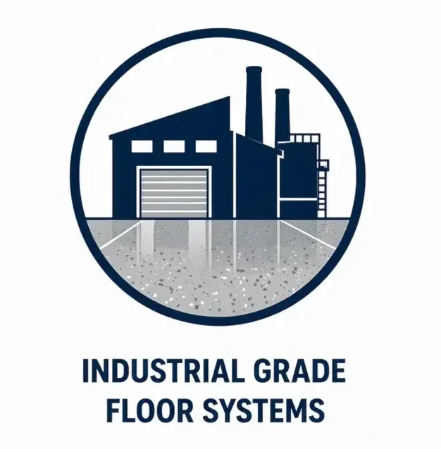 Logo of an industrial factory with two smokestacks and a large garage door, surrounded by a circular border, with the text 'Industrial Grade Floor Systems' underneath.