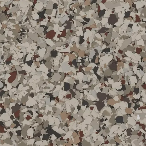 A close-up view of multicolored terrazzo flooring with small, irregularly shaped stone chips in shades of white, black, brown, gray, and beige.