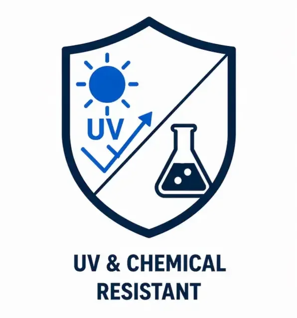 Shield with sun and UV symbol on the left, and a laboratory flask with liquid on the right, indicating UV and chemical resistance