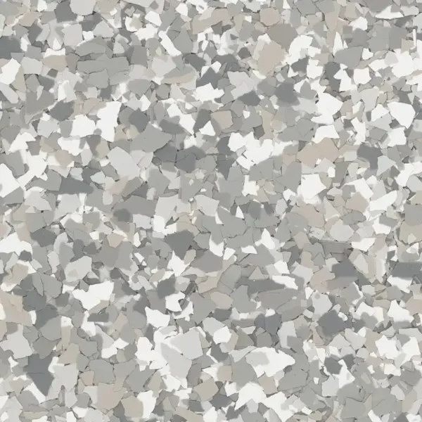 Close-up of gray, white, and beige terrazzo flooring with small, irregular epoxy floor flakes.