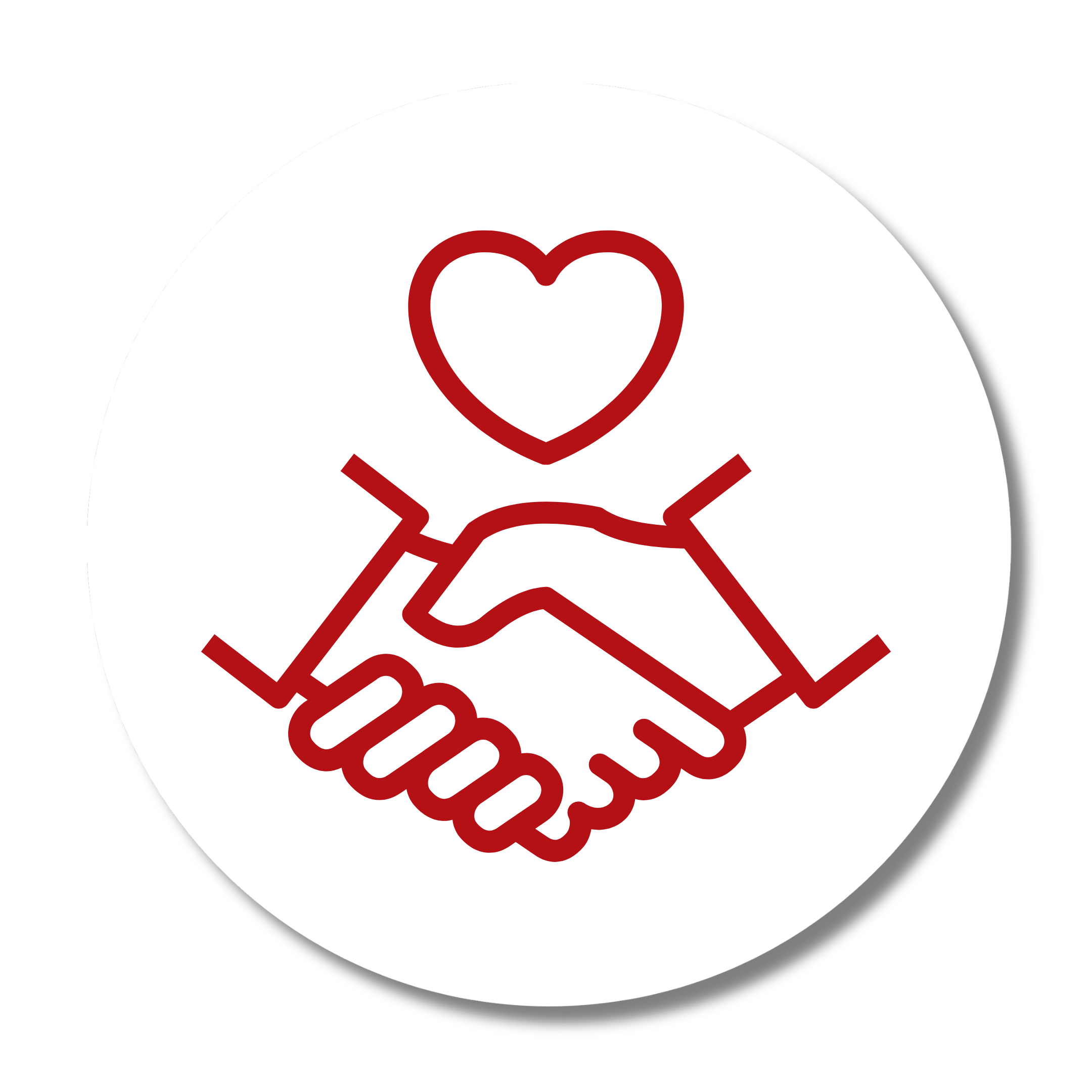 Outline of a handshake with a heart above it, inside a white circle with a black background.