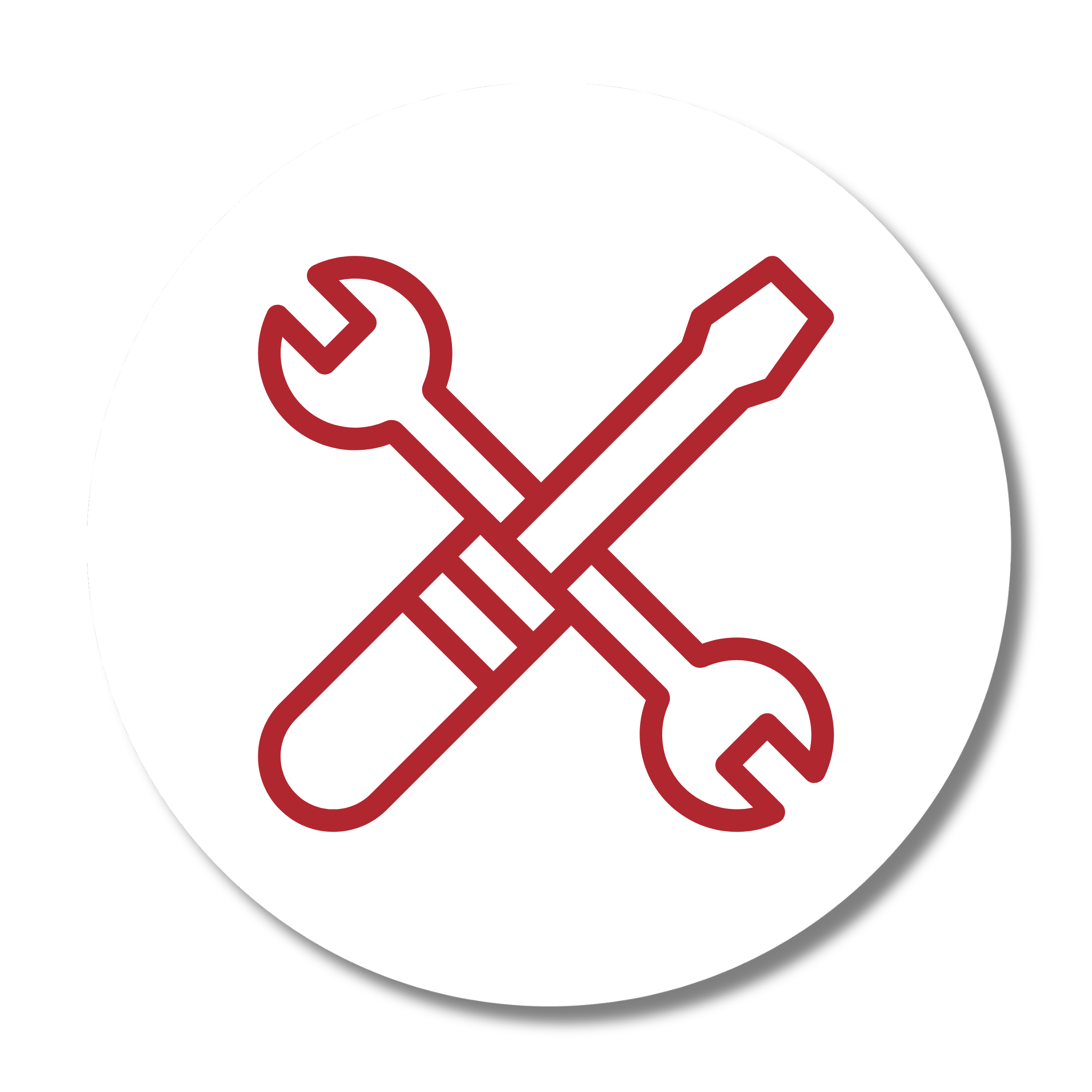 Icon of crossed screwdriver and wrench inside a white circle on a black background, representing maintenance or repair.