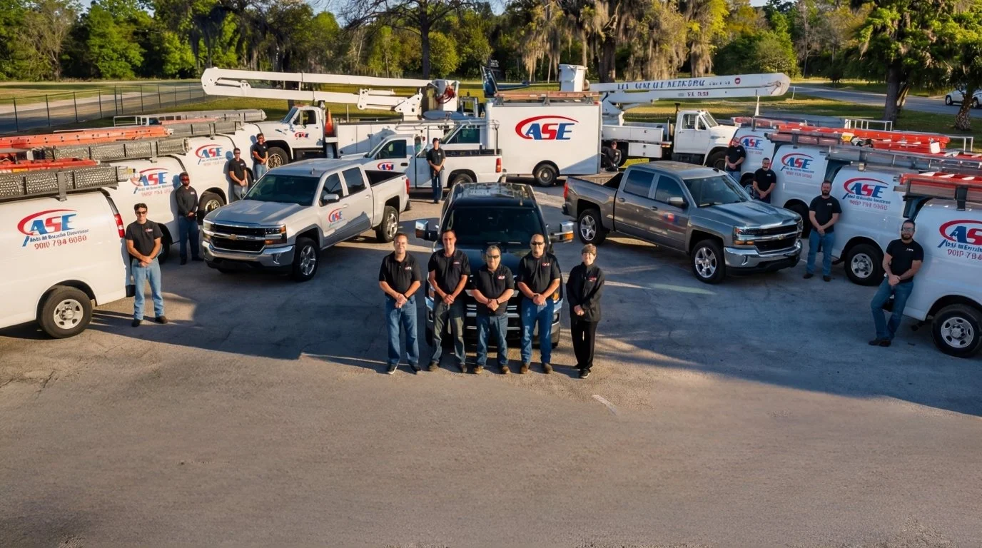 Group of workers standing in front of company trucks and service vehicles outdoors with trees in the background.