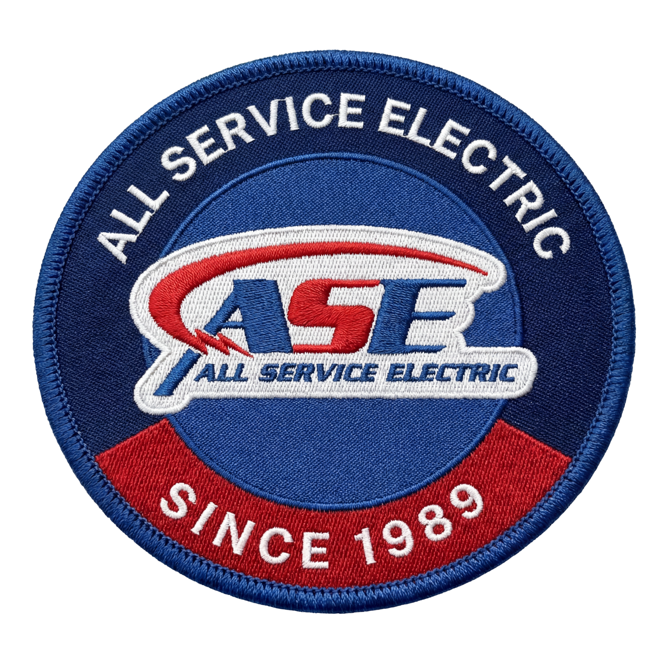 Blue circular patch for All Service Electric, featuring the company logo, text indicating since 1989, and a red, white, and blue color scheme.