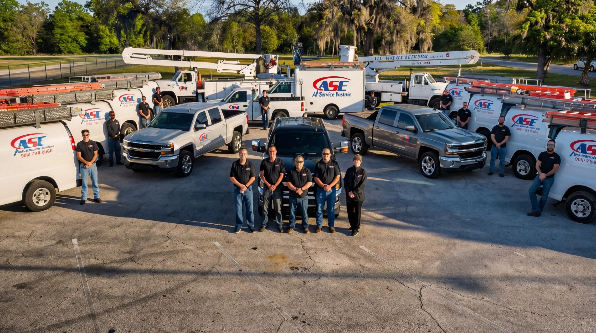 Team of workers standing with company vehicles and trucks outside, with trees and a road in the background.