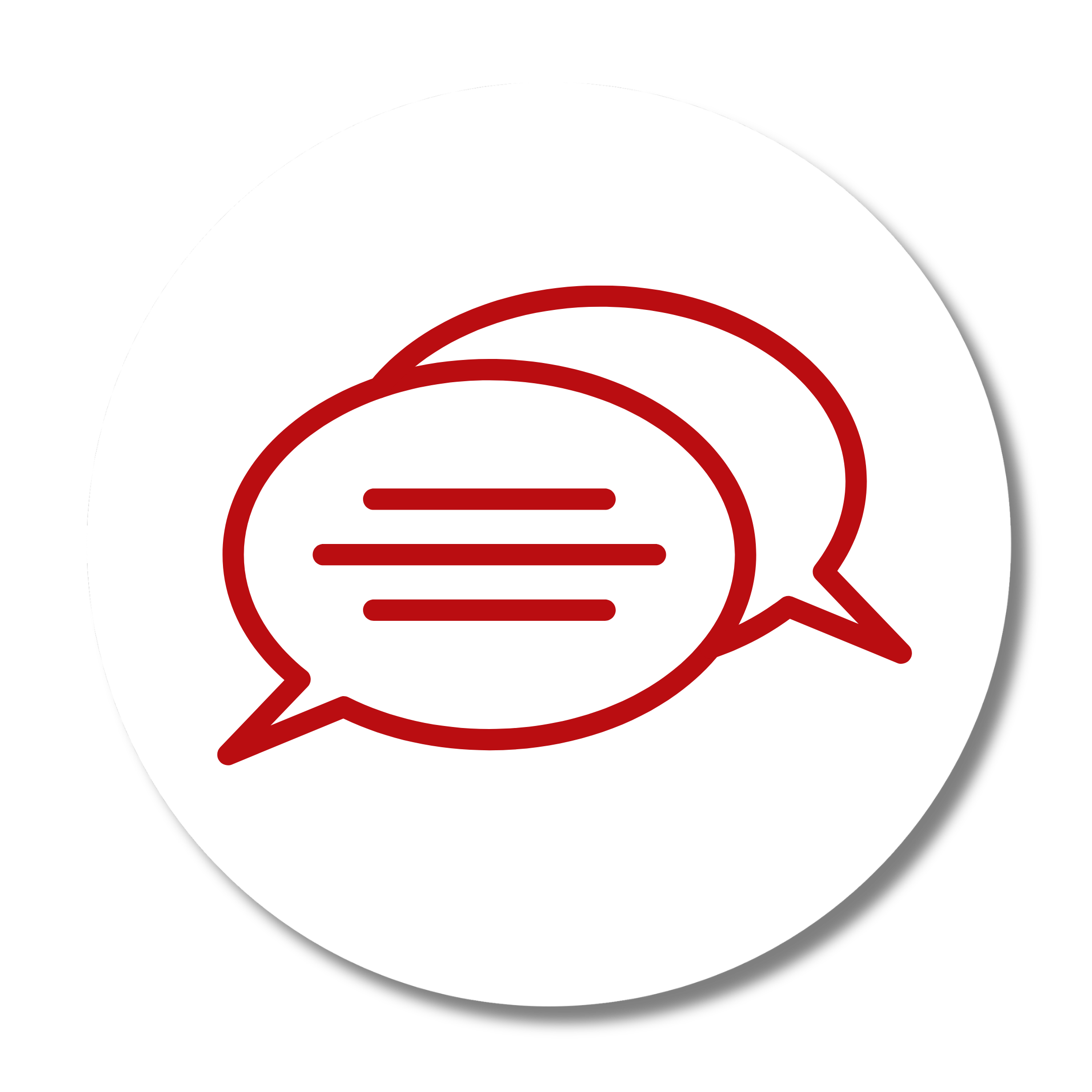 Icon depicting two overlapping speech bubbles, one with three horizontal lines representing text, outlined in red on a circular white background.