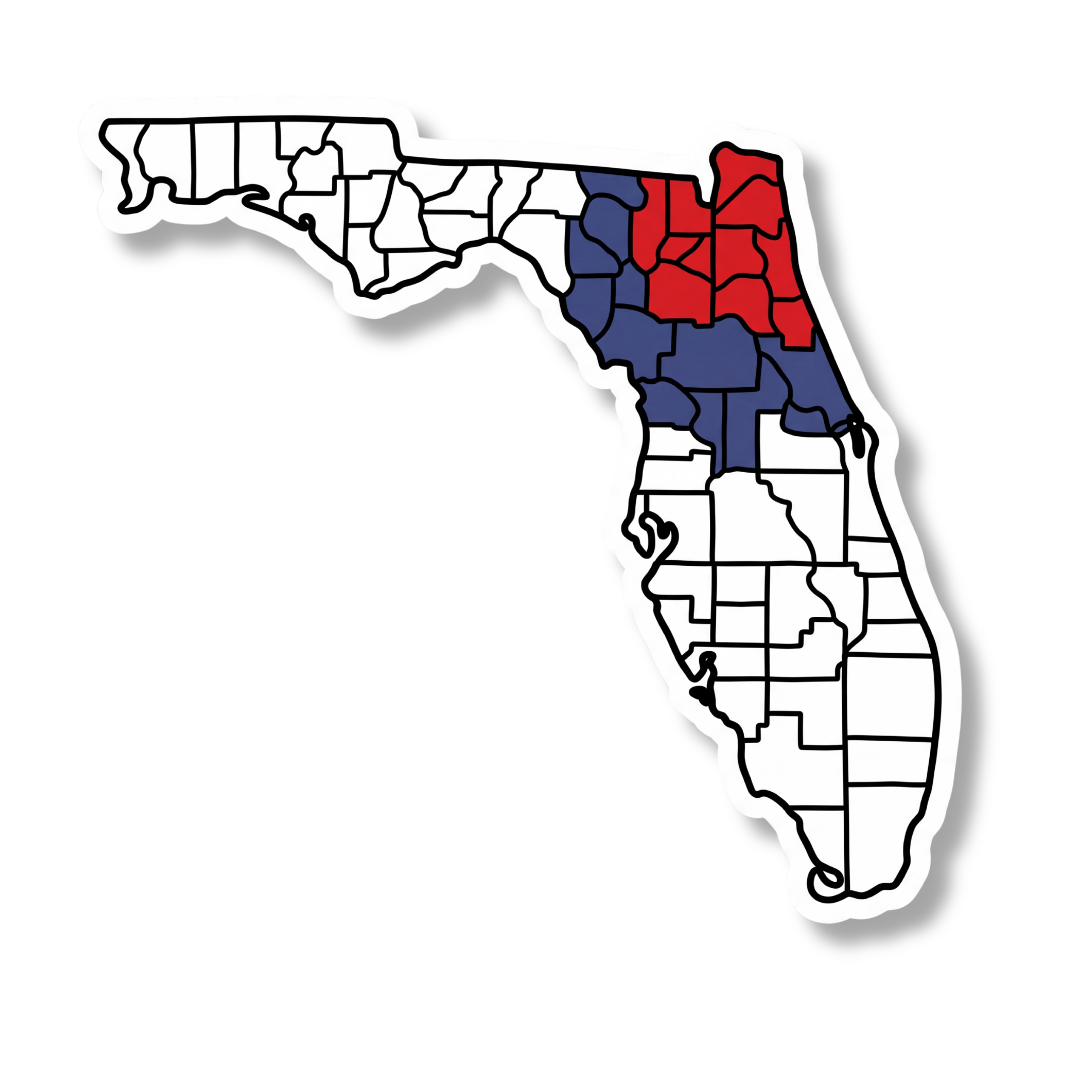 Outline map of Washington state with counties highlighted in red and blue.