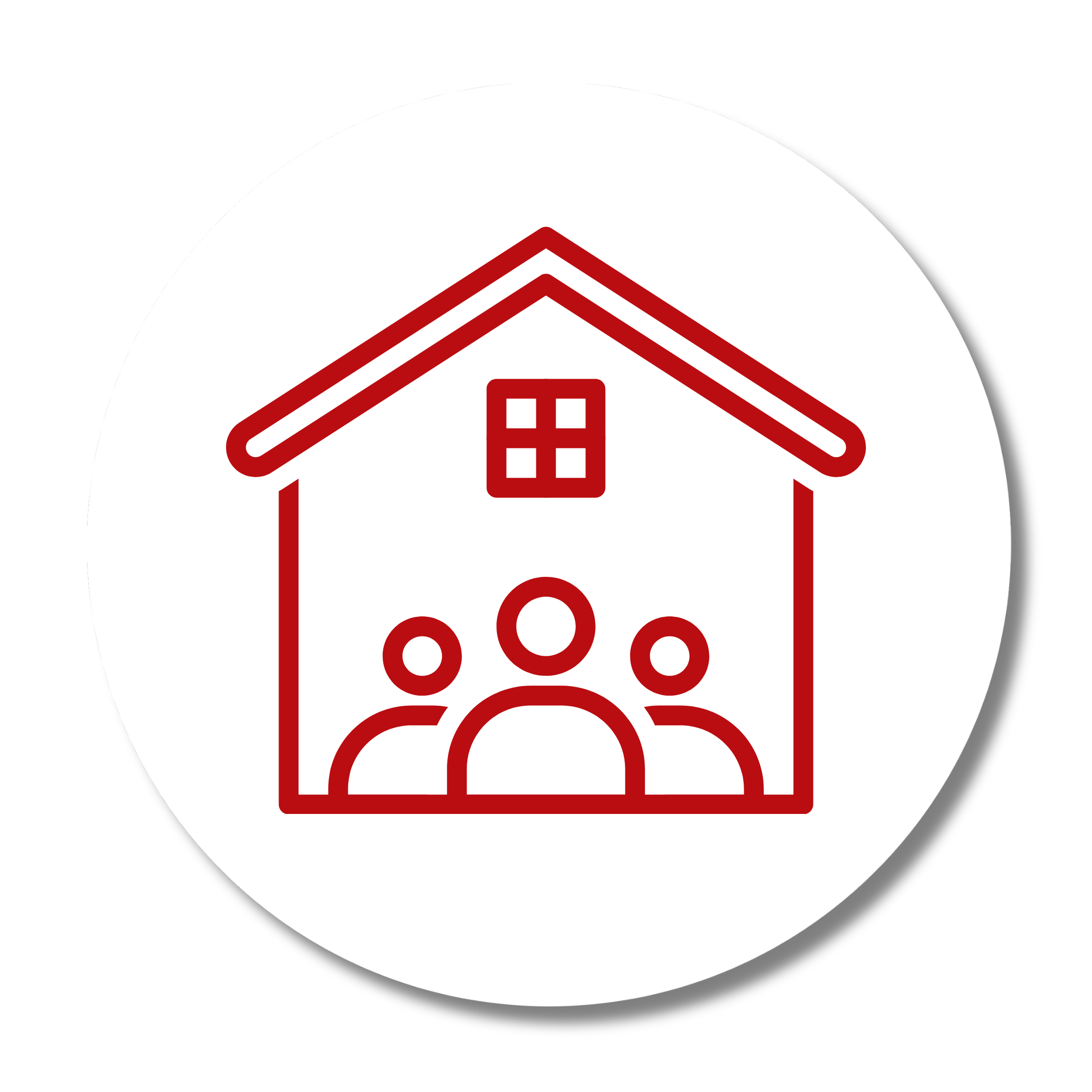 Red outline of a house with three people inside and a window, set against a white circular background.