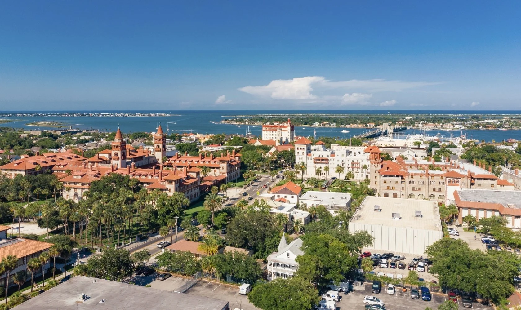 Aerial view of a coastal city with a mix of historic and modern buildings, red-tiled roofs, palm trees, and a marina with boats, overlooking a large body of water under a clear blue sky.