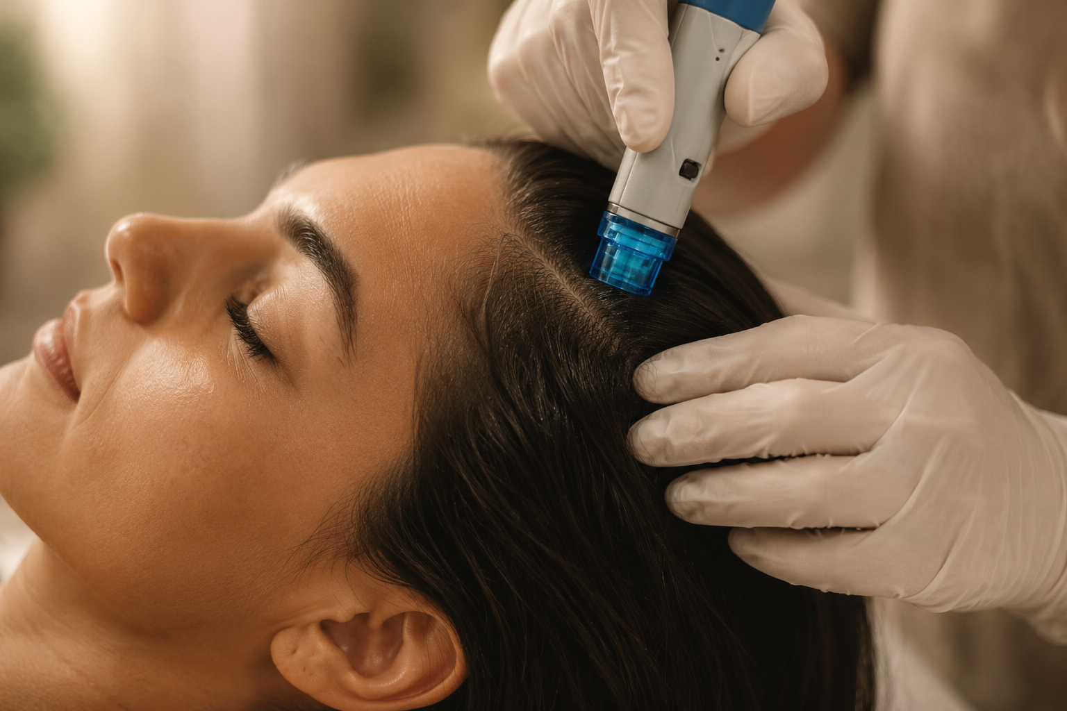 A practitioner applying a hydrating serum to a client's scalp during the HydraScalp scalp facial at ScalpTox.