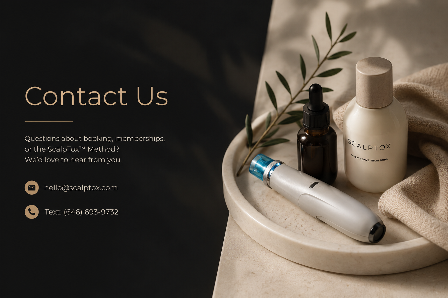 Scalp wellness products and a hydradermabrasion scalp treatment device arranged on a neutral stone tray with soft natural lighting, representing the ScalpTox Method.