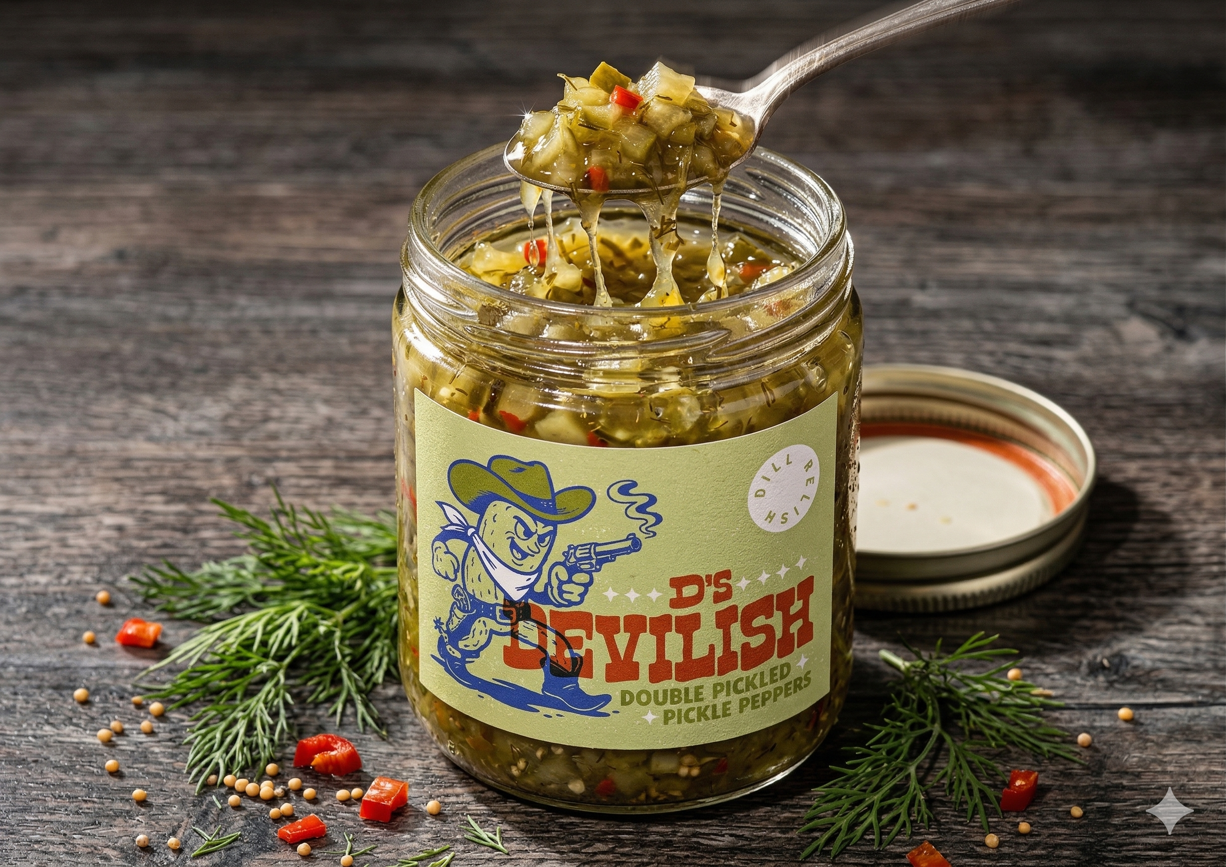A glass jar labeled 'D's Devilish Double Pickled Pickle Peppers' with slices of peppers inside. A spoon is scooping out some pickled peppers from the jar, with some sprigs of rosemary and scattered chopped red peppers and mustard seeds on a rustic wooden surface, and the jar's lid lying next to it.