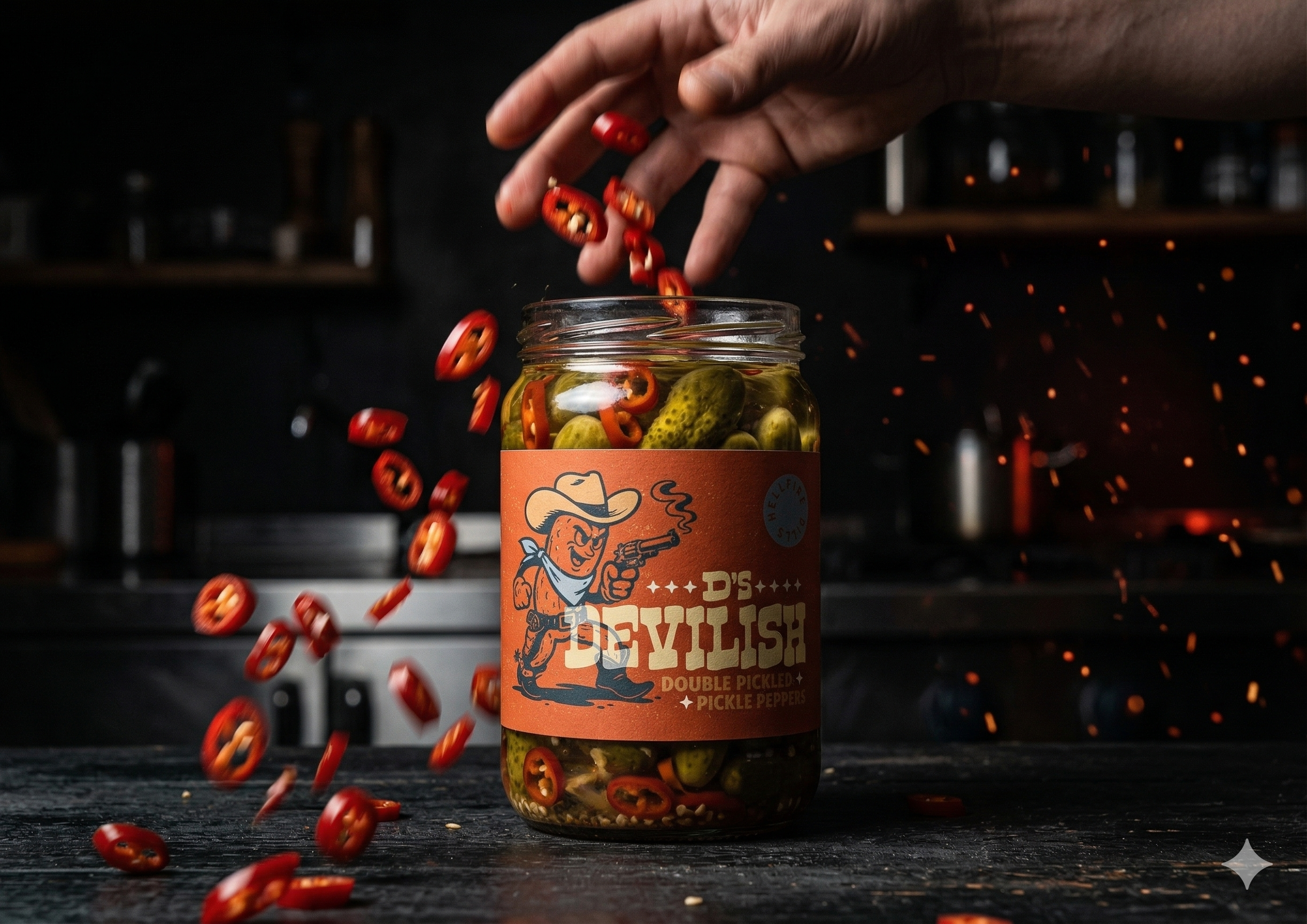 Hand dropping sliced red chili peppers into a jar of pickles labeled D'S DEVILISH DOUBLE PICKLED PICKLE PEPPERS, with sparks flying in the background.