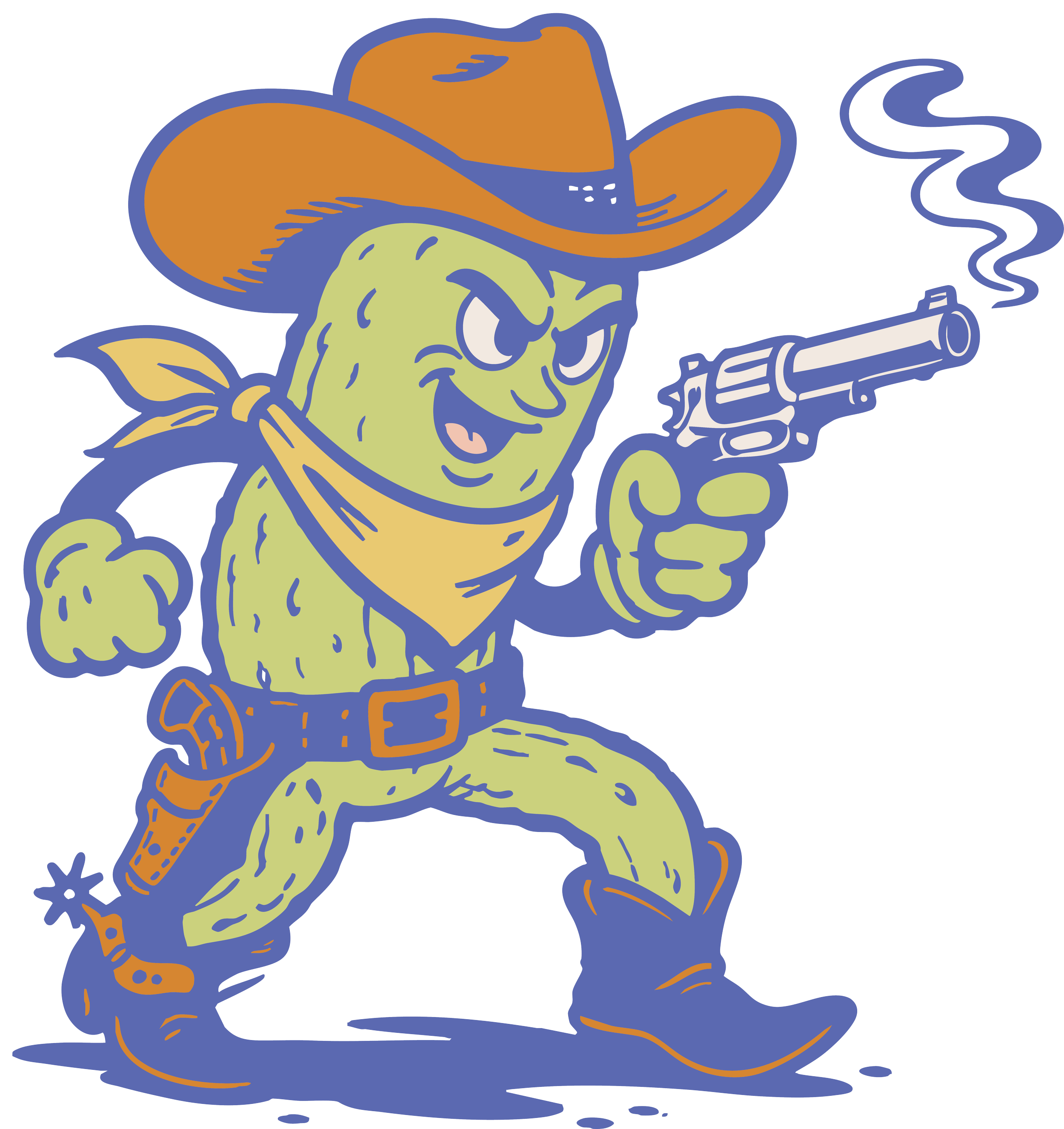 Cartoon pickle dressed as a cowboy, wearing a cowboy hat, bandana, and boots, holding a smoking revolver with a confident expression.