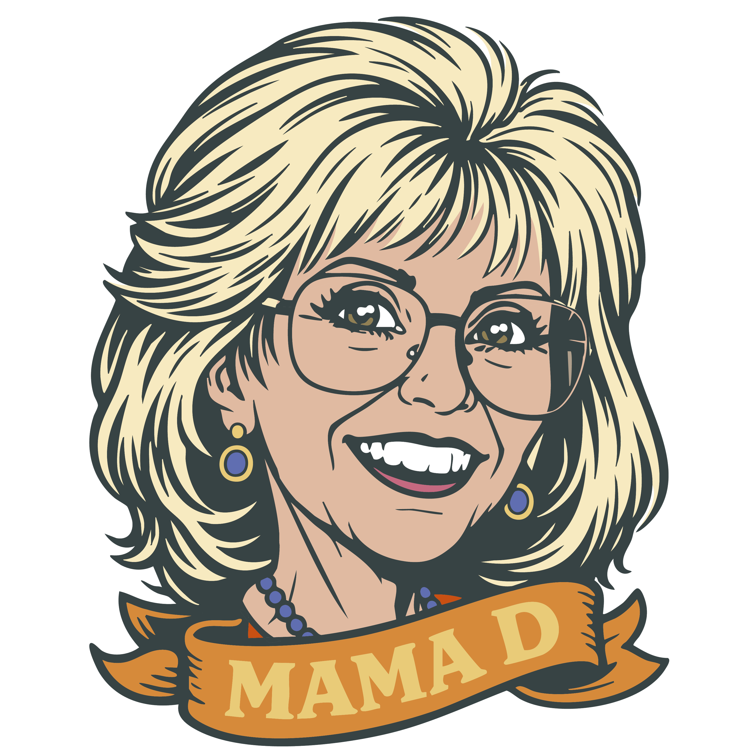 Illustration of a smiling woman with blonde hair, glasses, earrings, and a blue necklace, with a banner underneath that says 'MAMAD'.