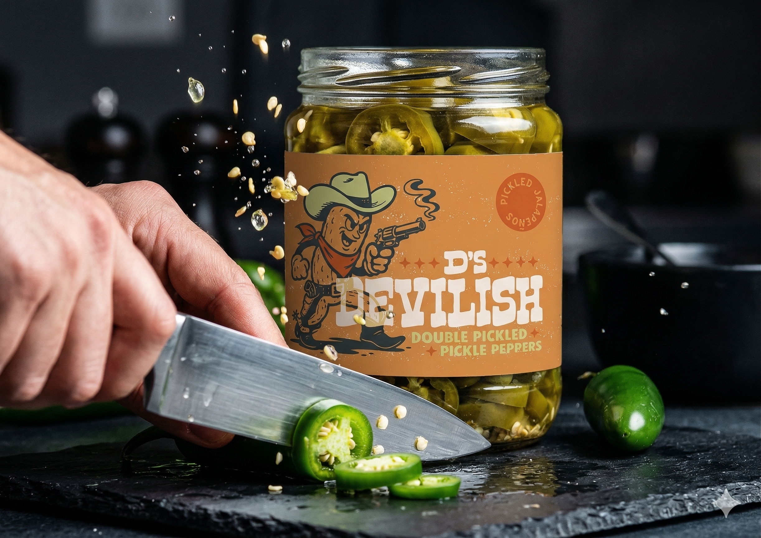 A person slicing jalapeno peppers with a knife next to a jar of D's Devilish double pickled jalapeno peppers on a dark countertop.