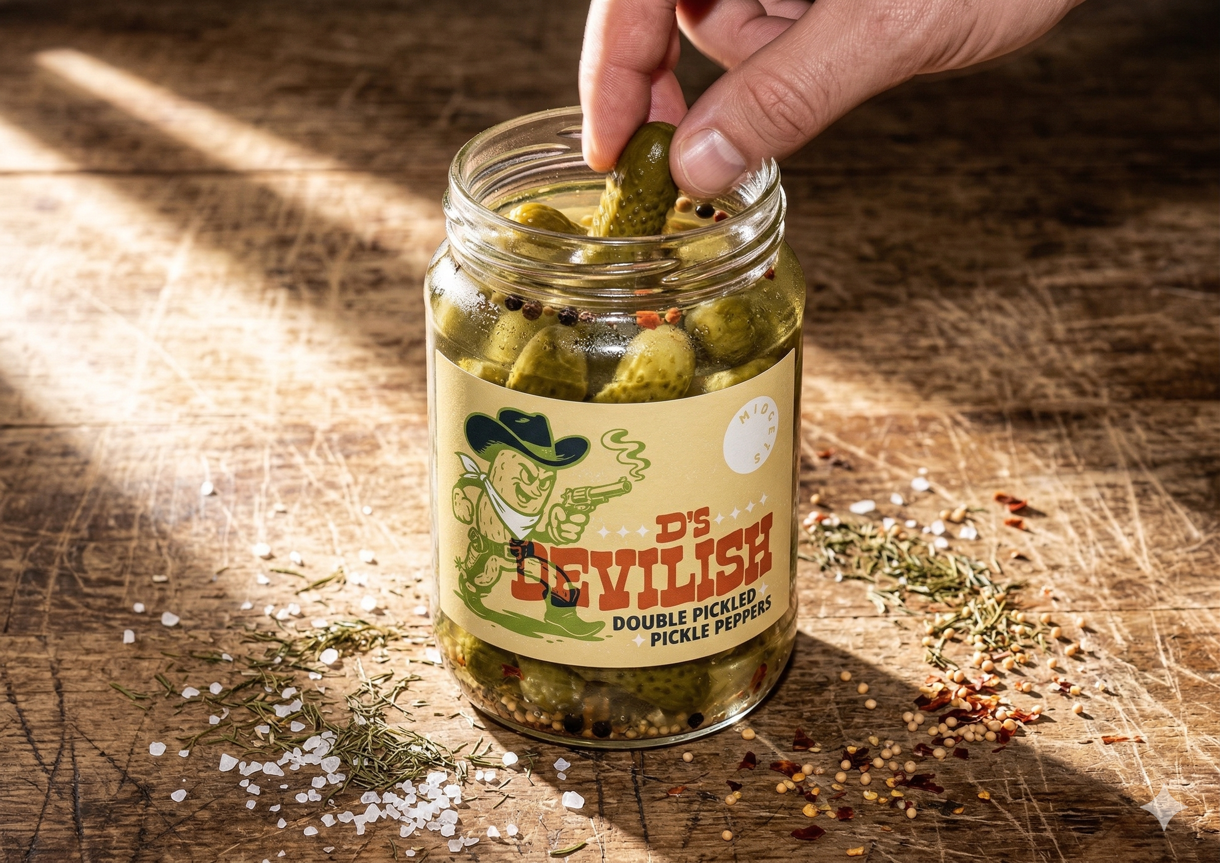 A glass jar of pickled cucumbers labeled 'D's Devilish Double Pickled Pickle Peppers' is being opened, with a hand reaching inside. There are spices and herbs scattered on a wooden surface around the jar.