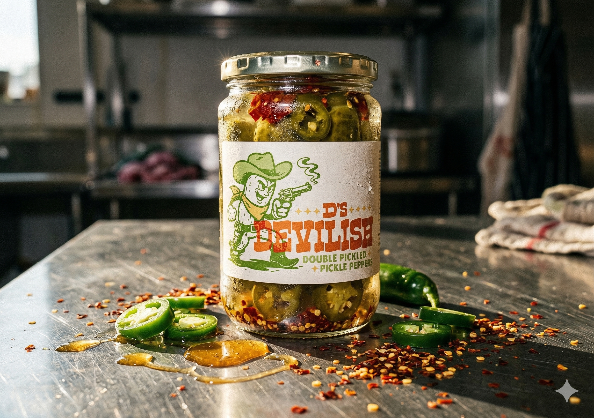 A glass jar labeled 'D's Devilish Double Pickled Pepper' filled with sliced pickled jalapeño peppers and red chili flakes. Sliced jalapeños, red pepper flakes, and honey are scattered on a metallic surface in front of the jar, with a dark, industrial kitchen in the background.