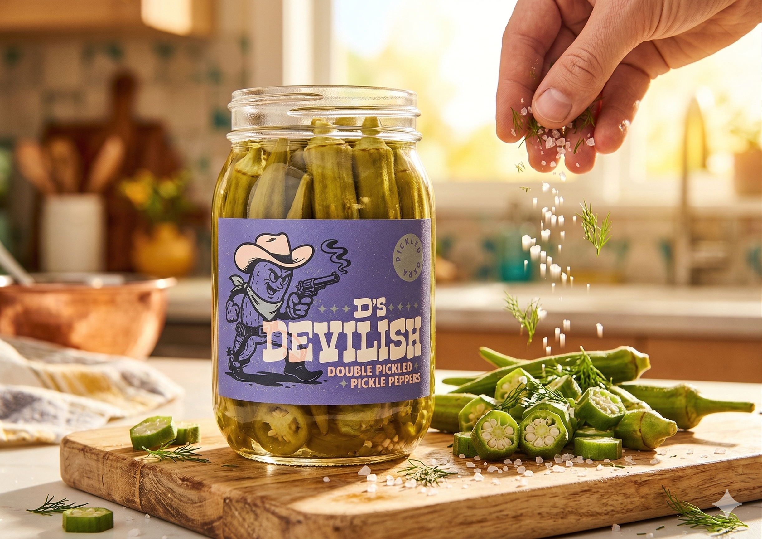 A jar labeled 'D's Devilish Double Pickled Pickle Peppers' with a cartoon devil character, sitting on a wooden cutting board in a kitchen. A hand is sprinkling salt and herbs into fresh okra on the cutting board, with some sliced okra pieces nearby.