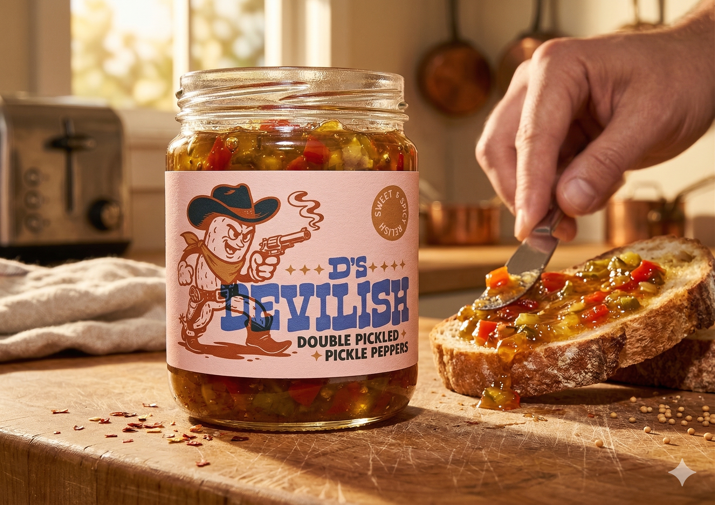 Jar of D's Devilish Double Pickled Pickle Peppers. A hand is spreading the peppers onto a slice of bread. The background shows a toaster and kitchen setting.