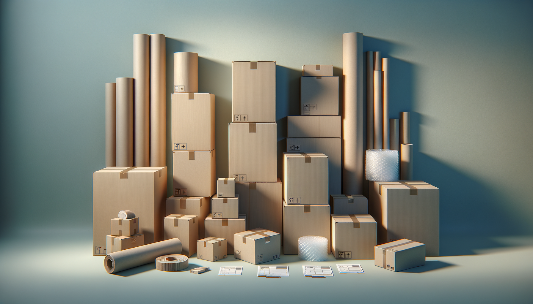 Various cardboard boxes of different sizes, some with packing tape, along with rolls of packing material and packing instructions, arranged against a plain wall.
