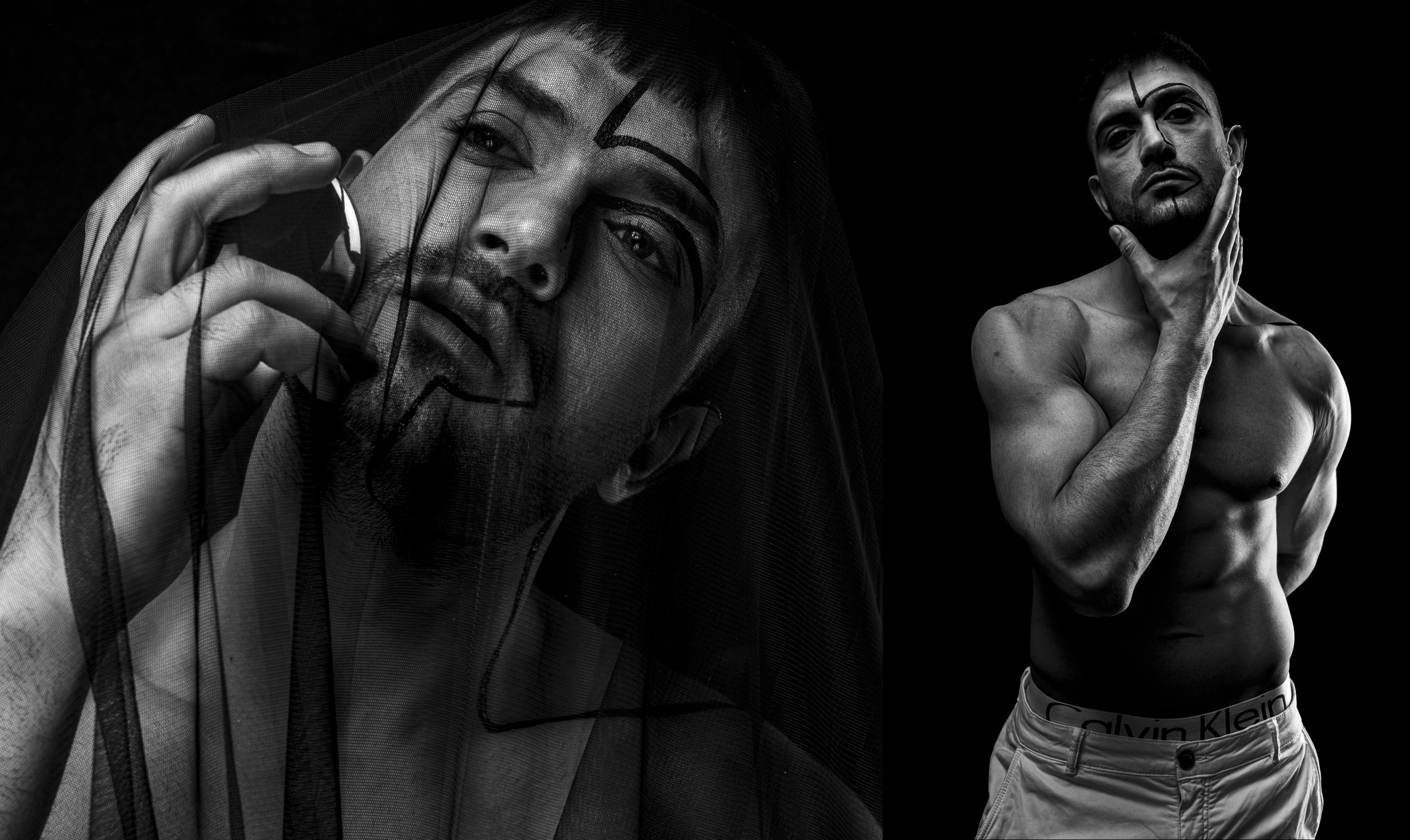 Black and white artistic photograph featuring two male models; the left model is holding a phone to his ear, wearing a veil, with geometric lines on his face, while the right model is shirtless, posing with one hand on his face, showcasing muscular b
