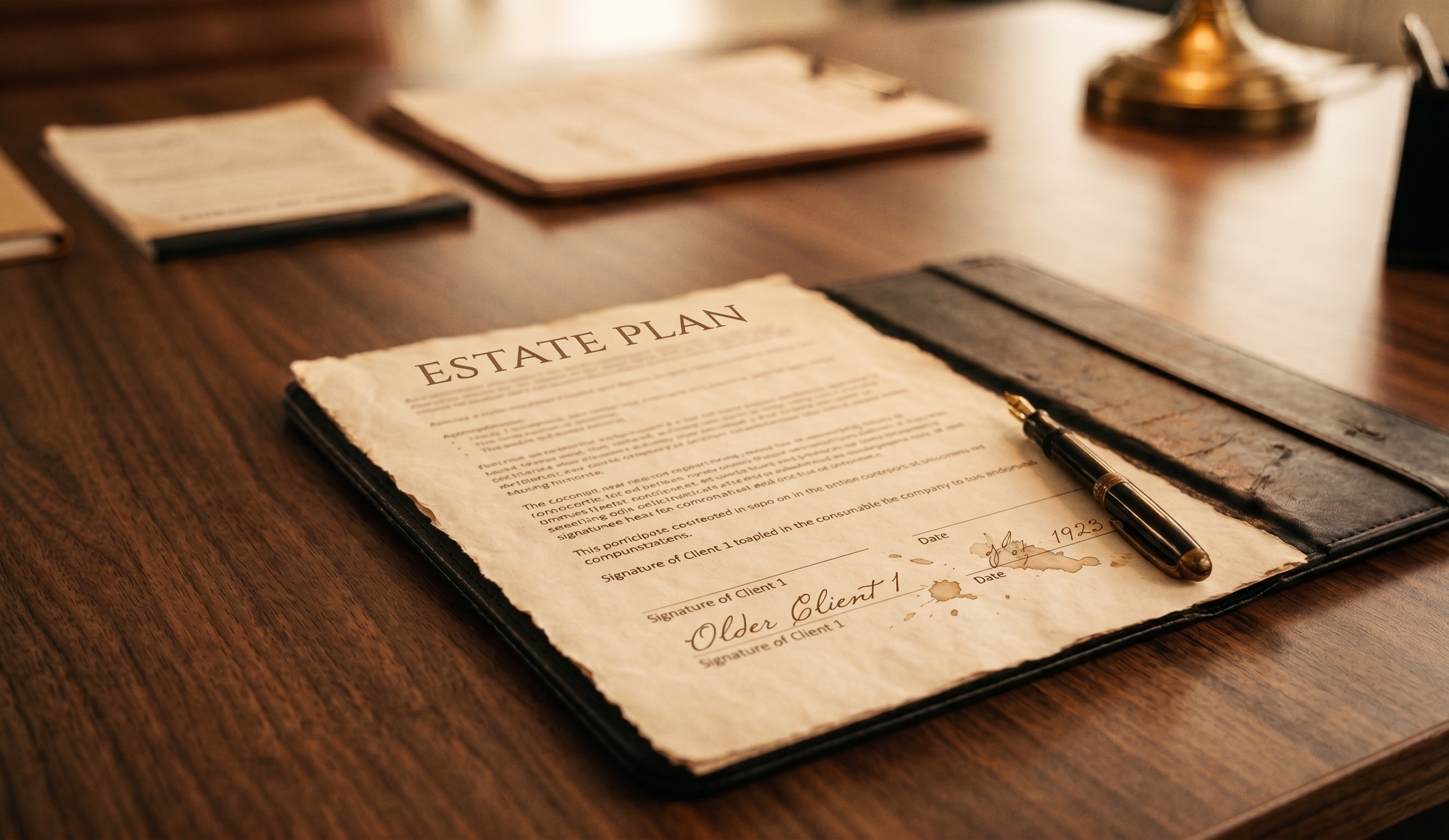 A legal document titled "ESTATE PLAN" with a signature line, paper stains, and a pen placed on it, on a wooden table. Other papers are partially visible in the background.