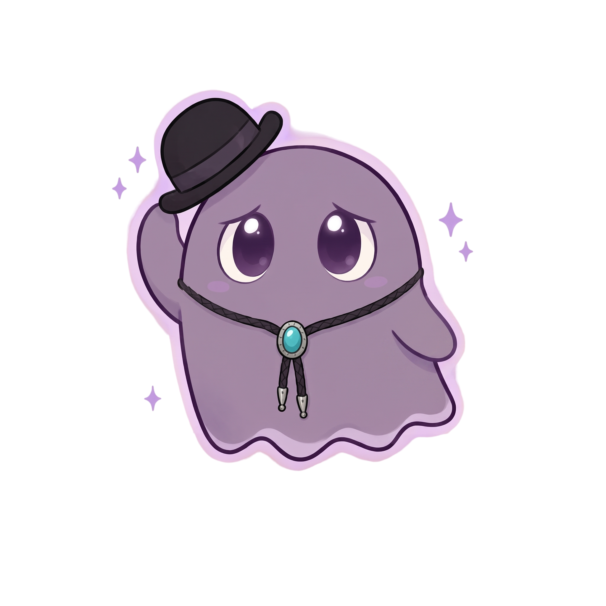 Es Tate, a purple cartoon ghost in a bowler hat and turquoise bolo tie, tipping his hat hello with a sheepish look.